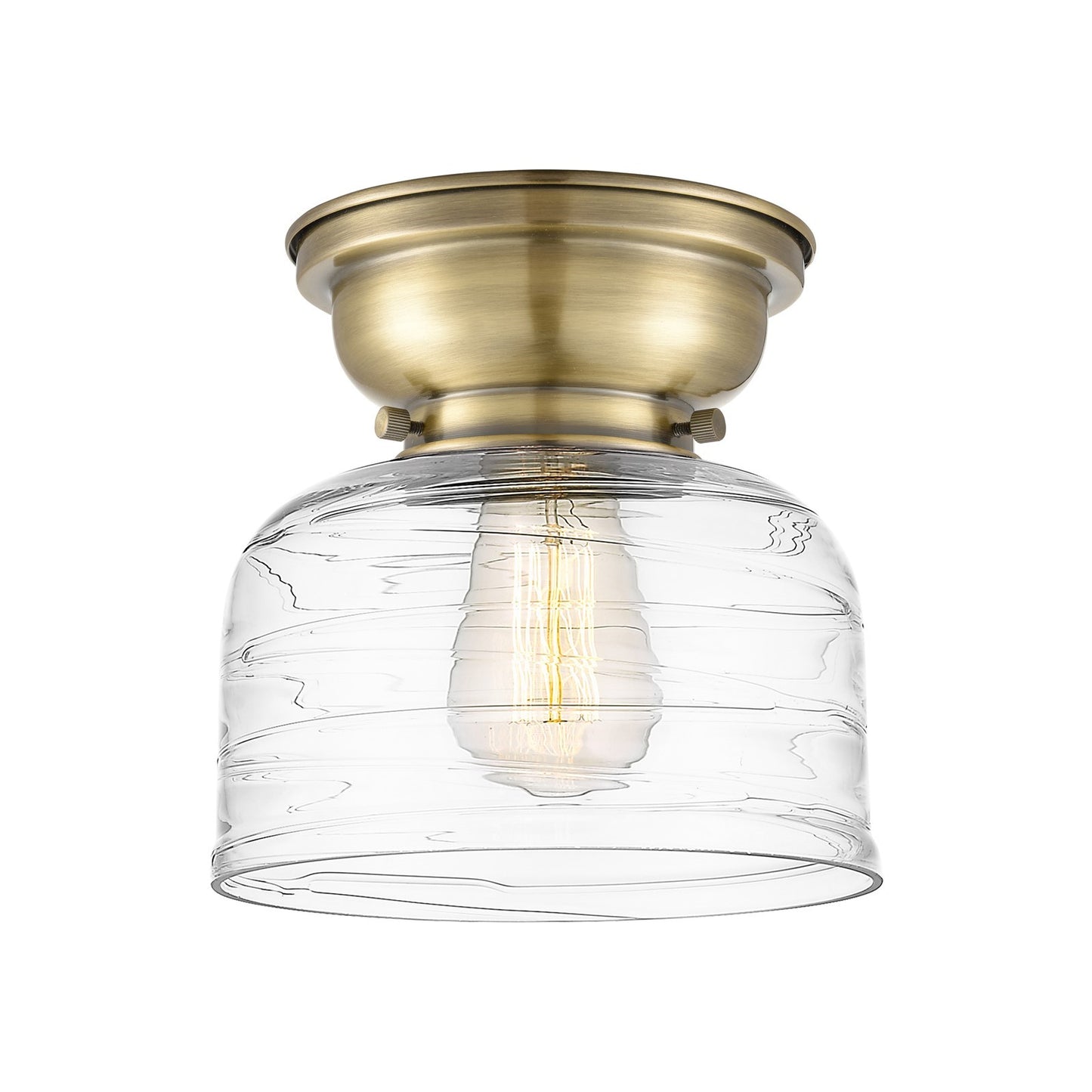 Innovations Bell 8in 1-Light Flush Mount | Industrial Antique Brass Steel and Clear Deco Swirl Glass | Entryway & Hallway | Model 623-1F-AB-G713-LED