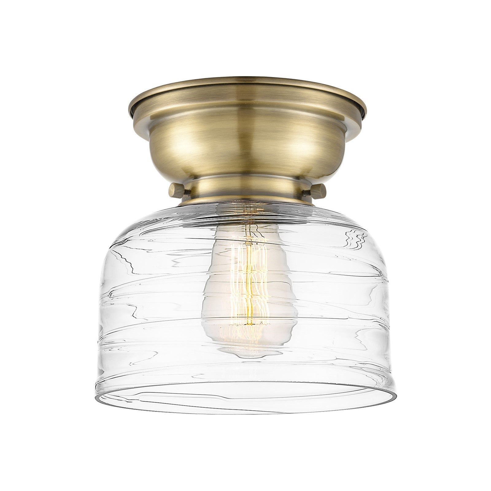 Innovations Bell 8in 1-Light Flush Mount | Industrial Antique Brass Steel and Clear Deco Swirl Glass | Entryway & Hallway | Model 623-1F-AB-G713-LED