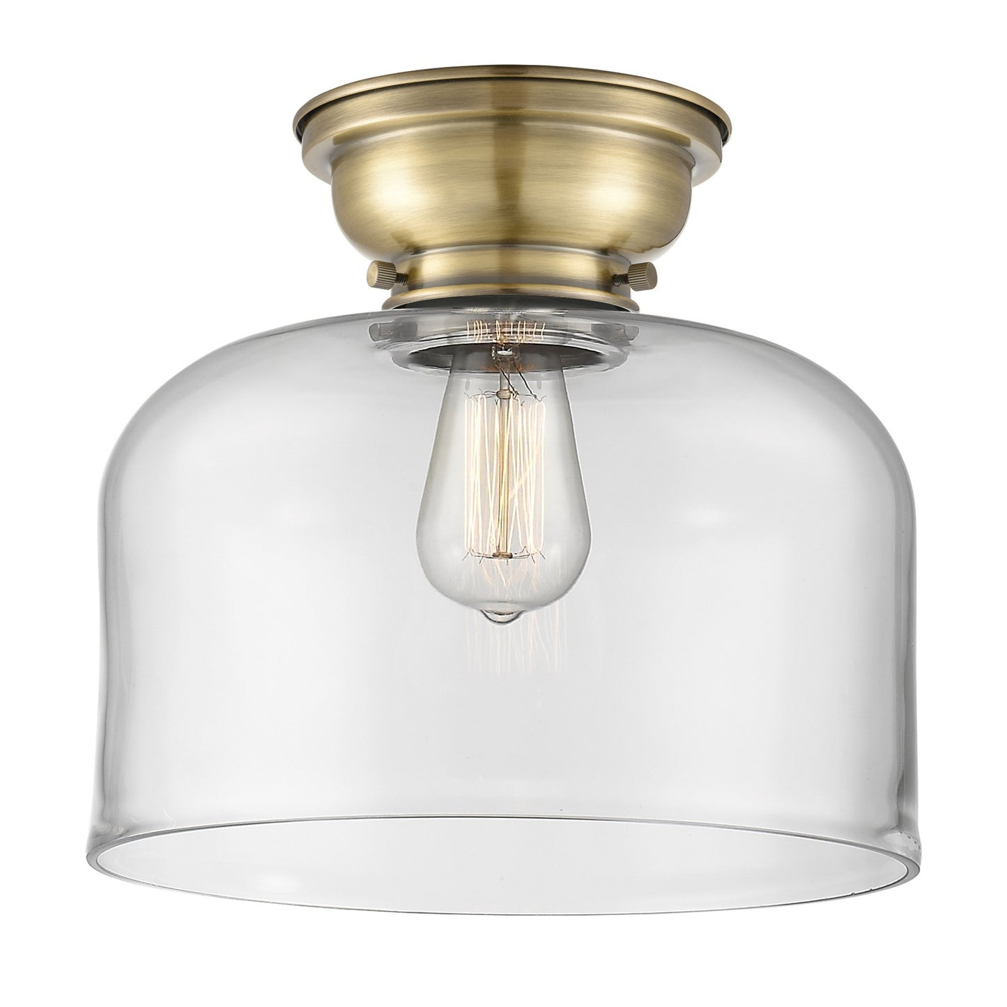 Innovations Bell 12in 1-Light Flush Mount | Industrial Antique Brass and Clear Glass | Damp-Rated Hallway & Bathroom | 11.5 x 11.5 | Model 623-1F-AB-G72-L