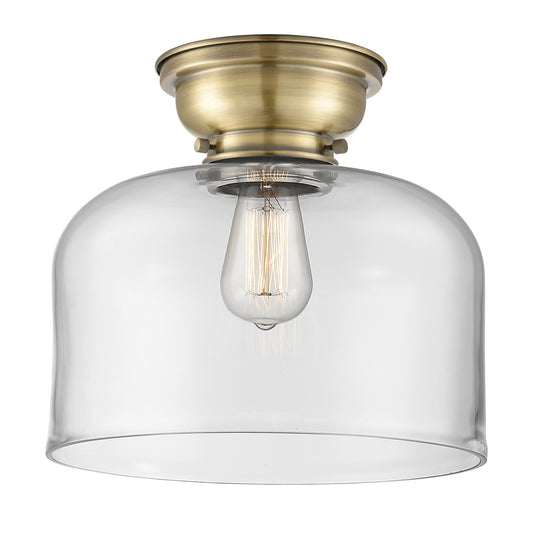 Innovations Bell 11.5in 1-Light Flush Mount | Industrial Farmhouse Antique Brass Steel and Clear Glass | Damp Location | Model 623-1F-AB-G72-L-LED