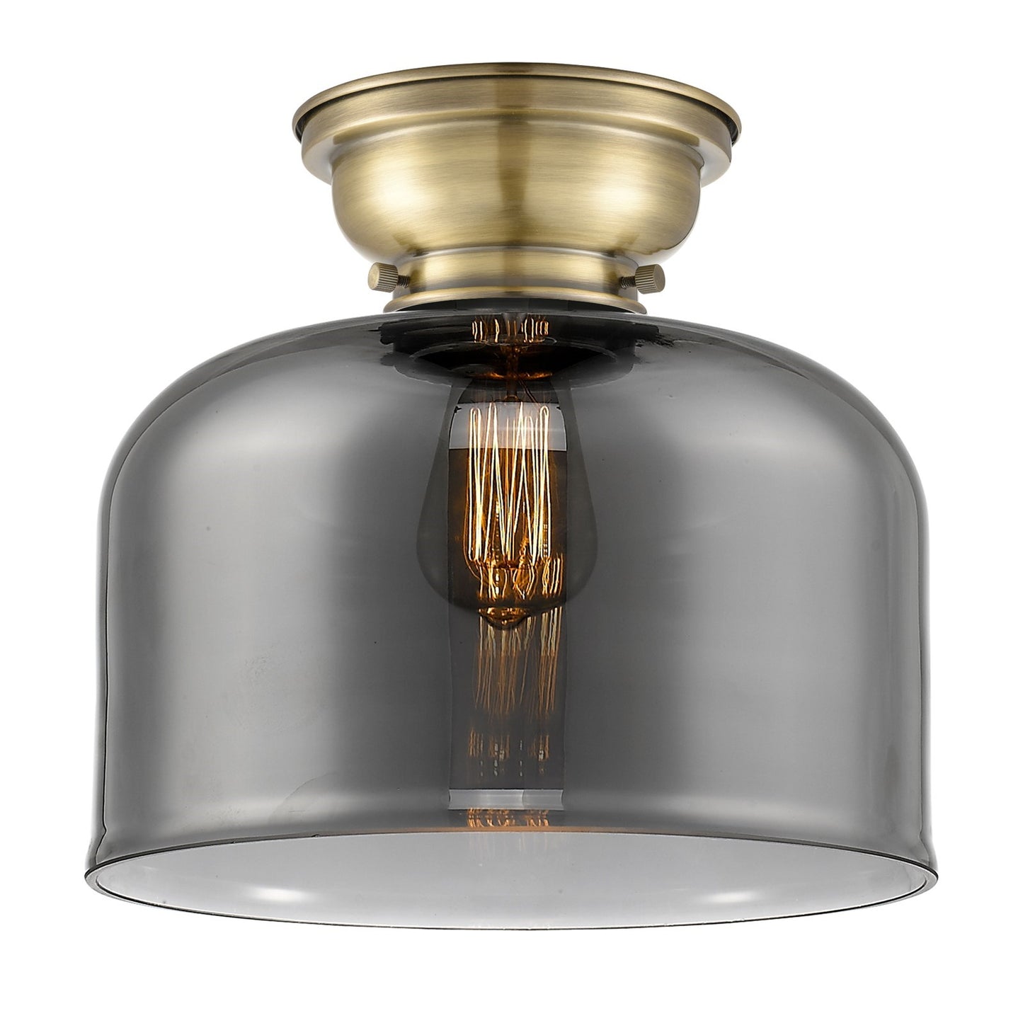 Innovations Bell 12in 1-Light Flush Mount | Industrial Antique Brass Steel and Light Smoke Glass | Entryway & Hallway | 11.5 x 10 | Model 623-1F-AB-G73-L