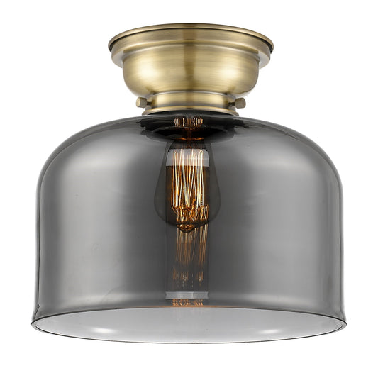 Innovations Bell 12in 1-Light Flush Mount | Industrial Farmhouse Antique Brass and Light Smoke Glass | Hallway & Bedroom | Model 623-1F-AB-G73-L-LED
