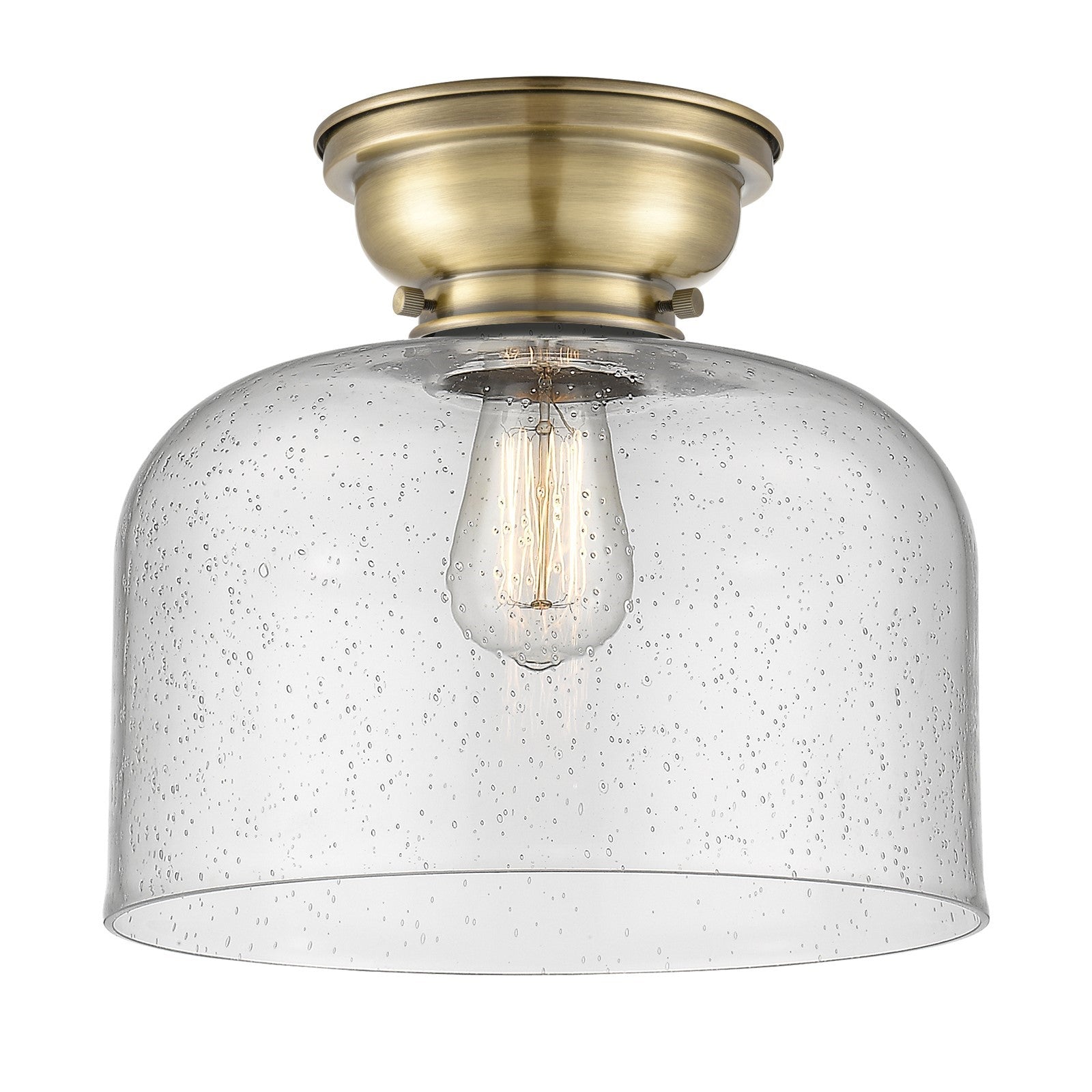Innovations Bell 11.5in 1-Light Flush Mount | Industrial Antique Brass Steel and Seedy Glass | Bedroom & Hallway | 11.5 x 11.5 | Model 623-1F-AB-G74-L-LED