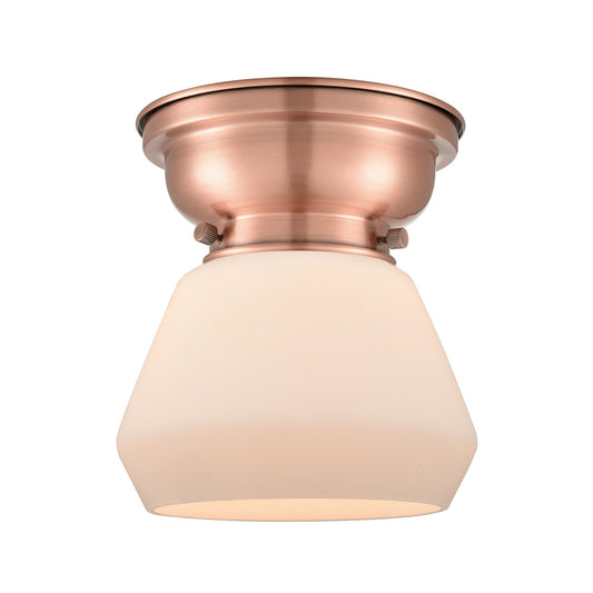 Innovations Fulton 7in 1-Light Flush Mount | Industrial Farmhouse Antique Copper Steel and Matte White Frosted Glass | Hallway | Model 623-1F-AC-G171-LED