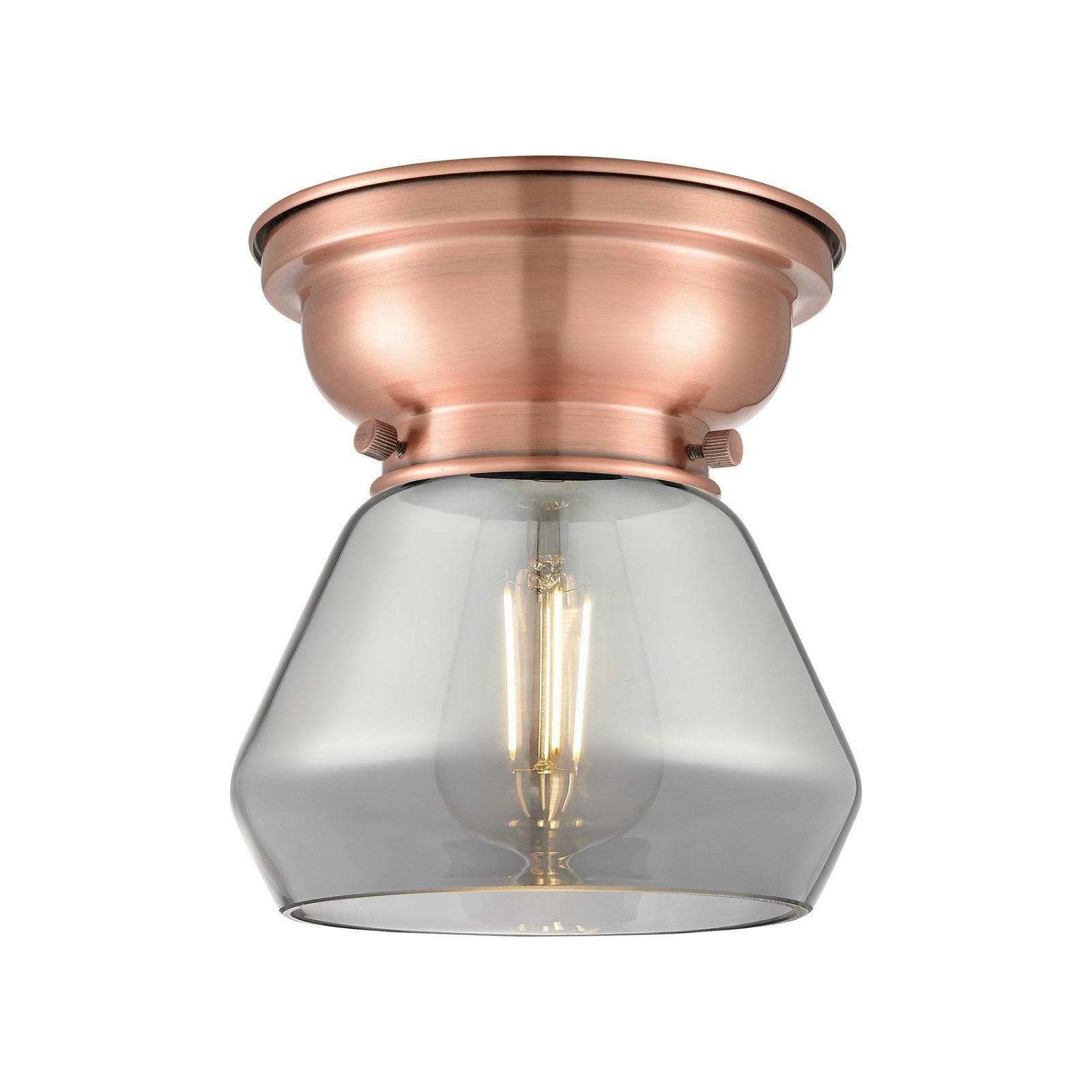Innovations Fulton 7in 1-Light Flush Mount | Industrial Farmhouse Antique Copper Steel and Light Smoke Glass | Damp-Rated | Model 623-1F-AC-G173-LED