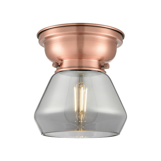 Innovations Fulton 7in 1-Light Flush Mount | Industrial Farmhouse Antique Copper Steel and Light Smoke Glass | Damp-Rated | Model 623-1F-AC-G173-LED