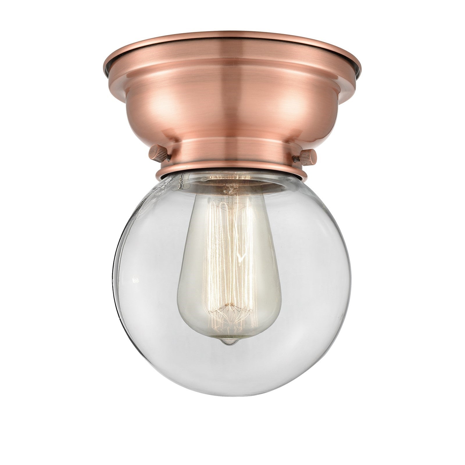 Innovations Beacon 6in 1-Light Flush Mount | Industrial Antique Copper Steel and Clear Glass | Hallway & Bathroom | 6 x 6 x | Model 623-1F-AC-G202-6-LED