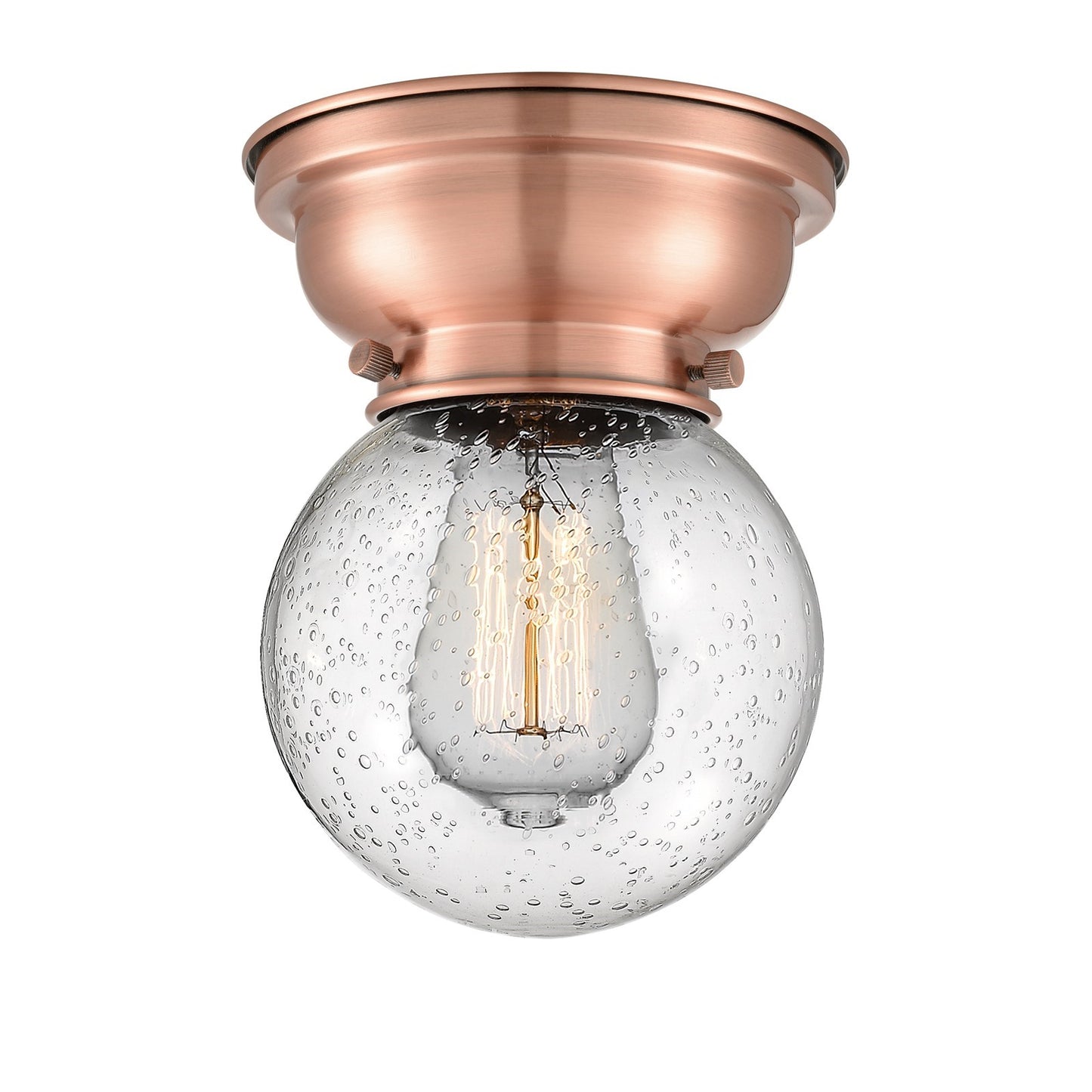Innovations Beacon 6in 1-Light Flush Mount | Industrial Antique Copper Steel and Seedy Glass | Bedroom & Hallway | 600 Lumens | Model 623-1F-AC-G204-6-LED