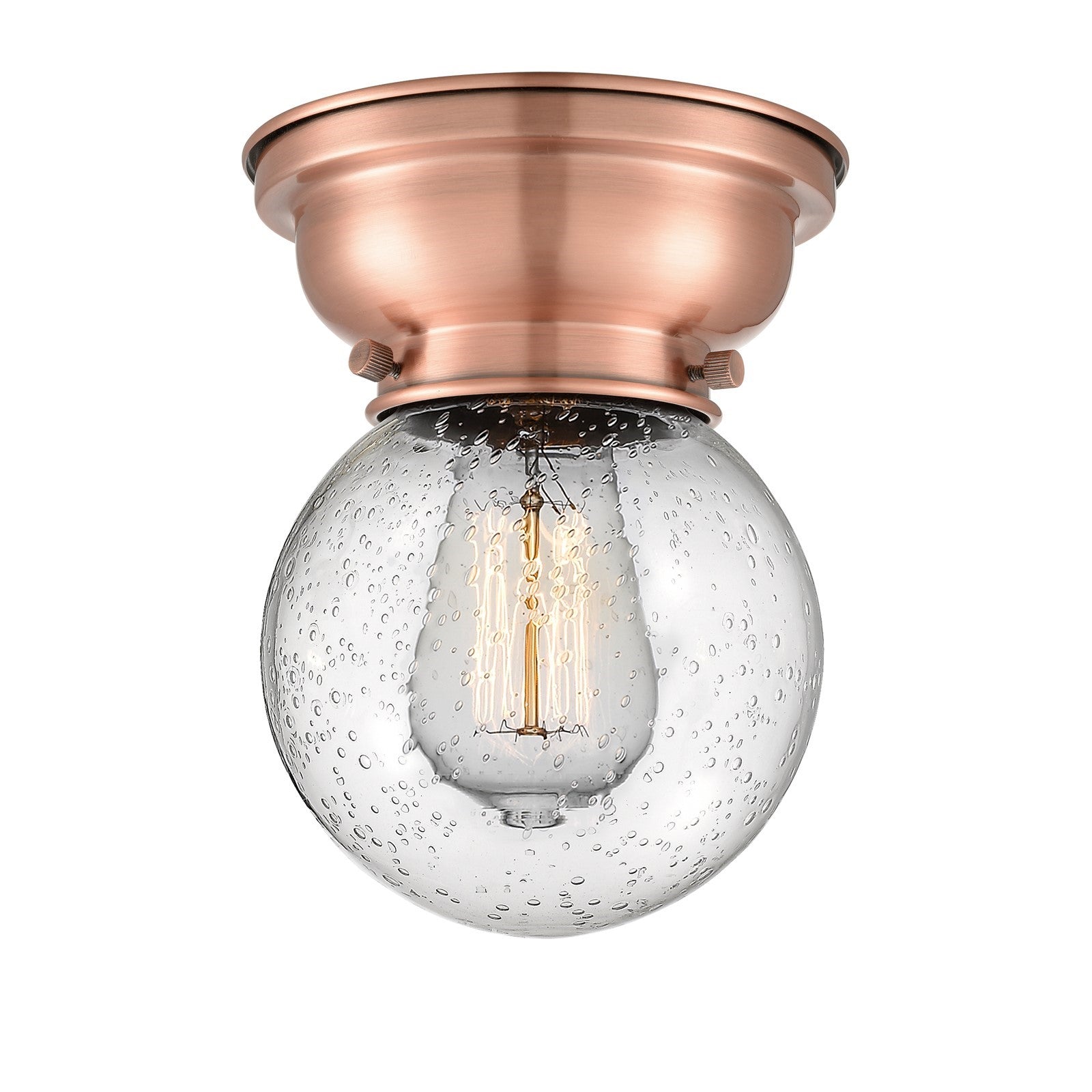 Innovations Beacon 6in 1-Light Flush Mount | Industrial Antique Copper Steel and Seedy Glass | Bedroom & Hallway | 600 Lumens | Model 623-1F-AC-G204-6-LED