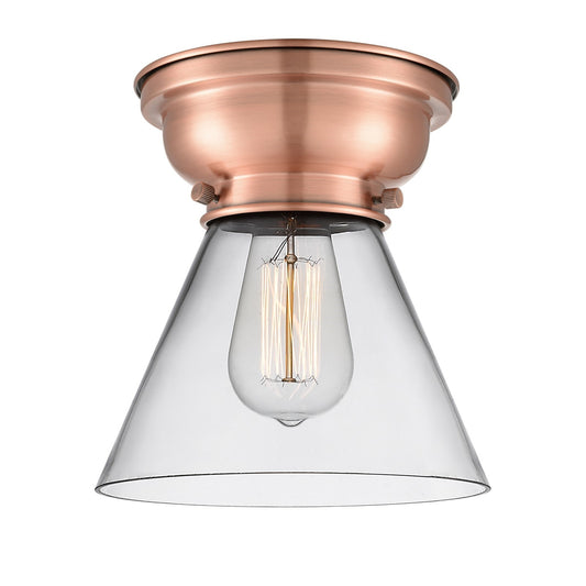 Innovations Cone 8in 1-Light Flush Mount | Industrial Farmhouse Antique Copper Steel and Clear Glass | Hallway & Bedroom | 7.75 | Model 623-1F-AC-G42-LED