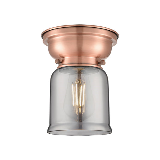 Innovations Bell 5in 1-Light Flush Mount | Industrial Antique Copper Steel and Light Smoke Glass | Hallway & Bathroom | 5 x 5 x 8 in | Model 623-1F-AC-G53