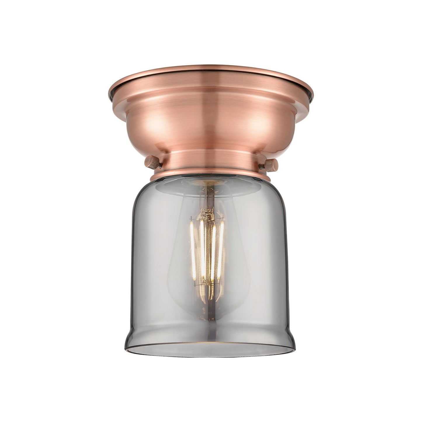 Innovations Bell 5in 1-Light Flush Mount | Industrial Antique Copper Steel and Light Smoke Glass | Damp-Rated Hallway & Bathroom | Model 623-1F-AC-G53-LED