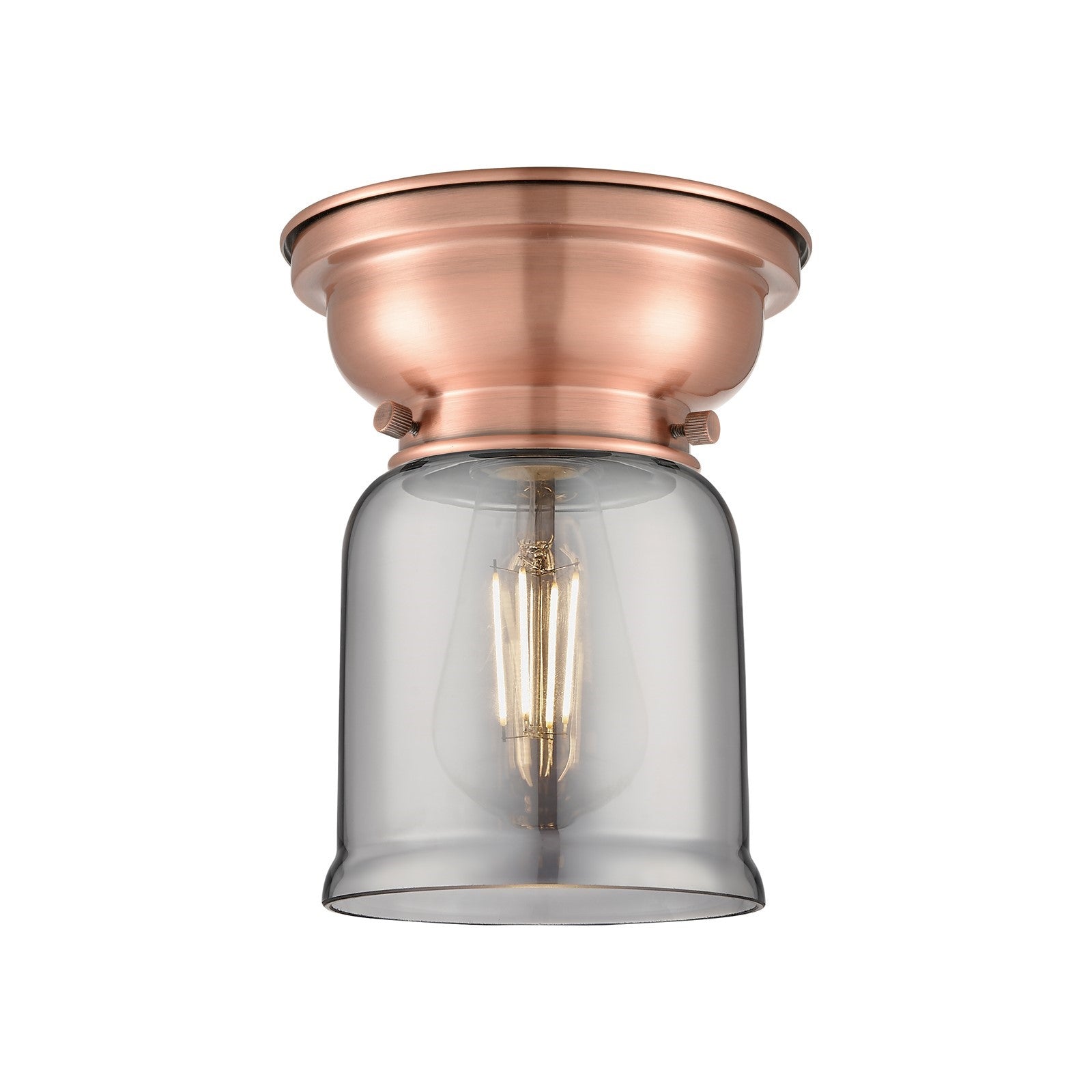 Innovations Bell 5in 1-Light Flush Mount | Industrial Antique Copper Steel and Light Smoke Glass | Damp-Rated Hallway & Bathroom | Model 623-1F-AC-G53-LED