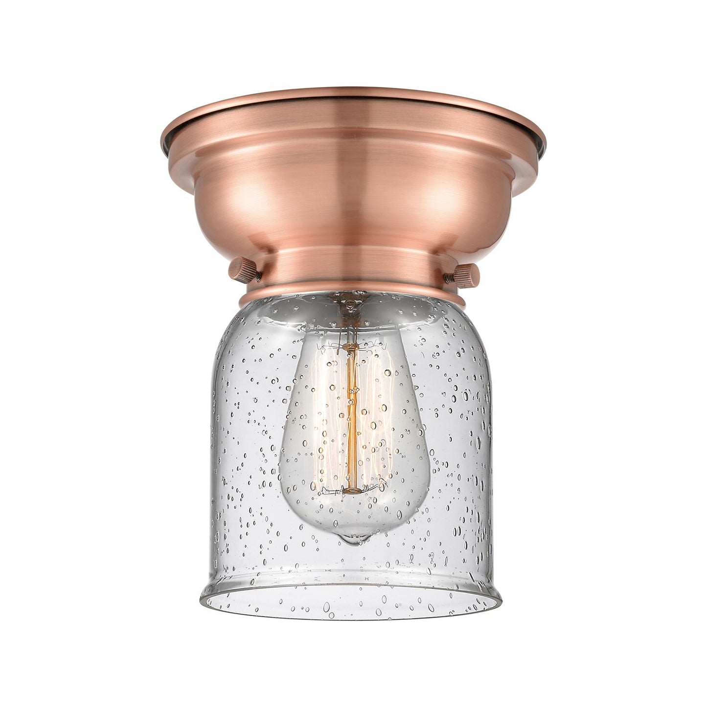 Innovations Bell 5in 1-Light Flush Mount | Industrial Antique Copper Steel and Seedy Glass | Entryway & Hallway | 5 x 5 x 8 in | Model 623-1F-AC-G54-LED