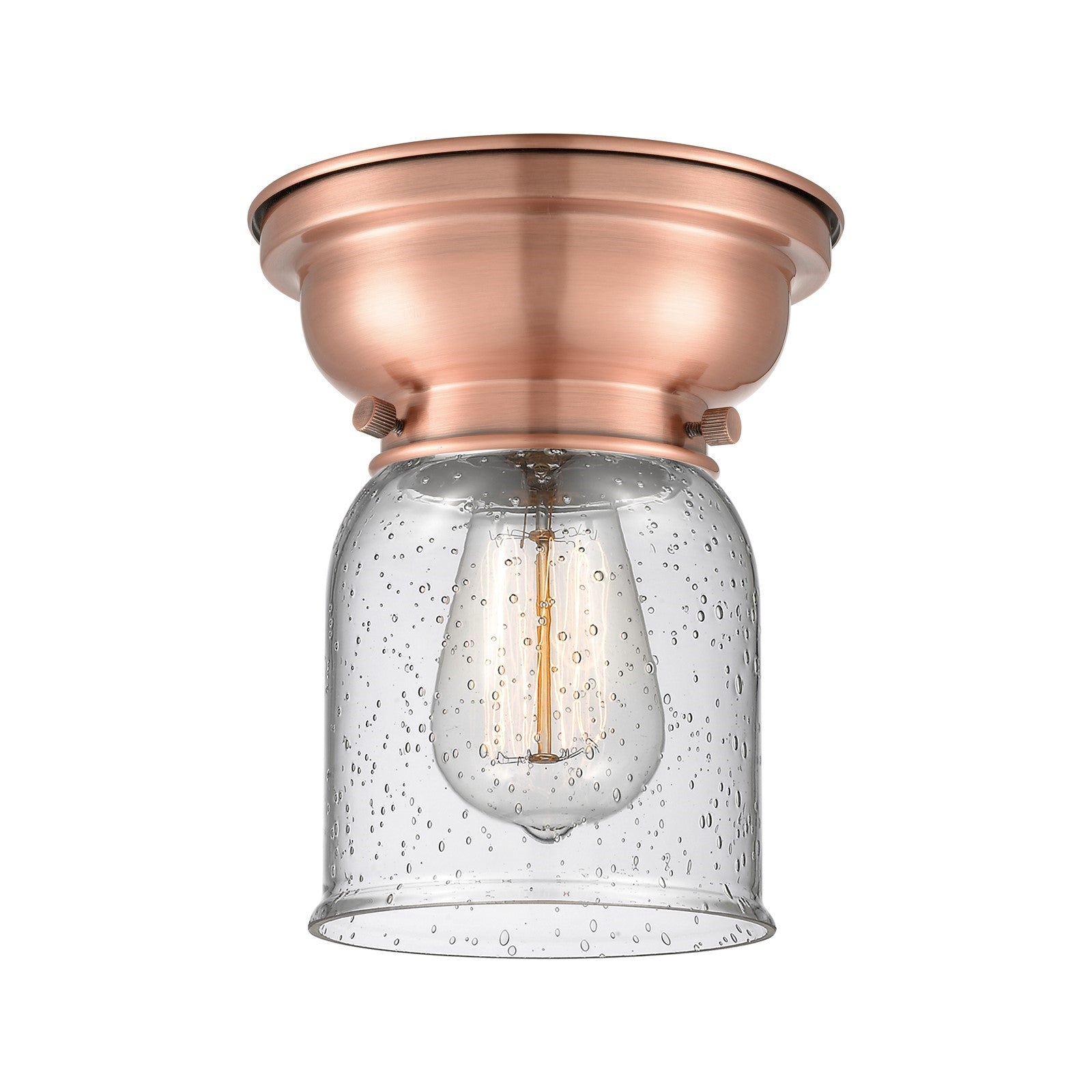 Innovations Bell 5in 1-Light Flush Mount | Industrial Antique Copper Steel and Seedy Glass | Entryway & Hallway | 5 x 5 x 8 in | Model 623-1F-AC-G54-LED