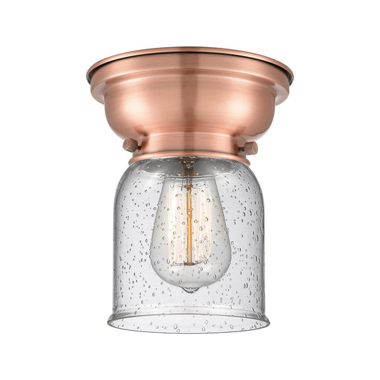 Innovations Bell 5in 1-Light Flush Mount | Industrial Antique Copper Steel and Seedy Glass | Entryway & Hallway | 5 x 5 x 8 in | Model 623-1F-AC-G54-LED