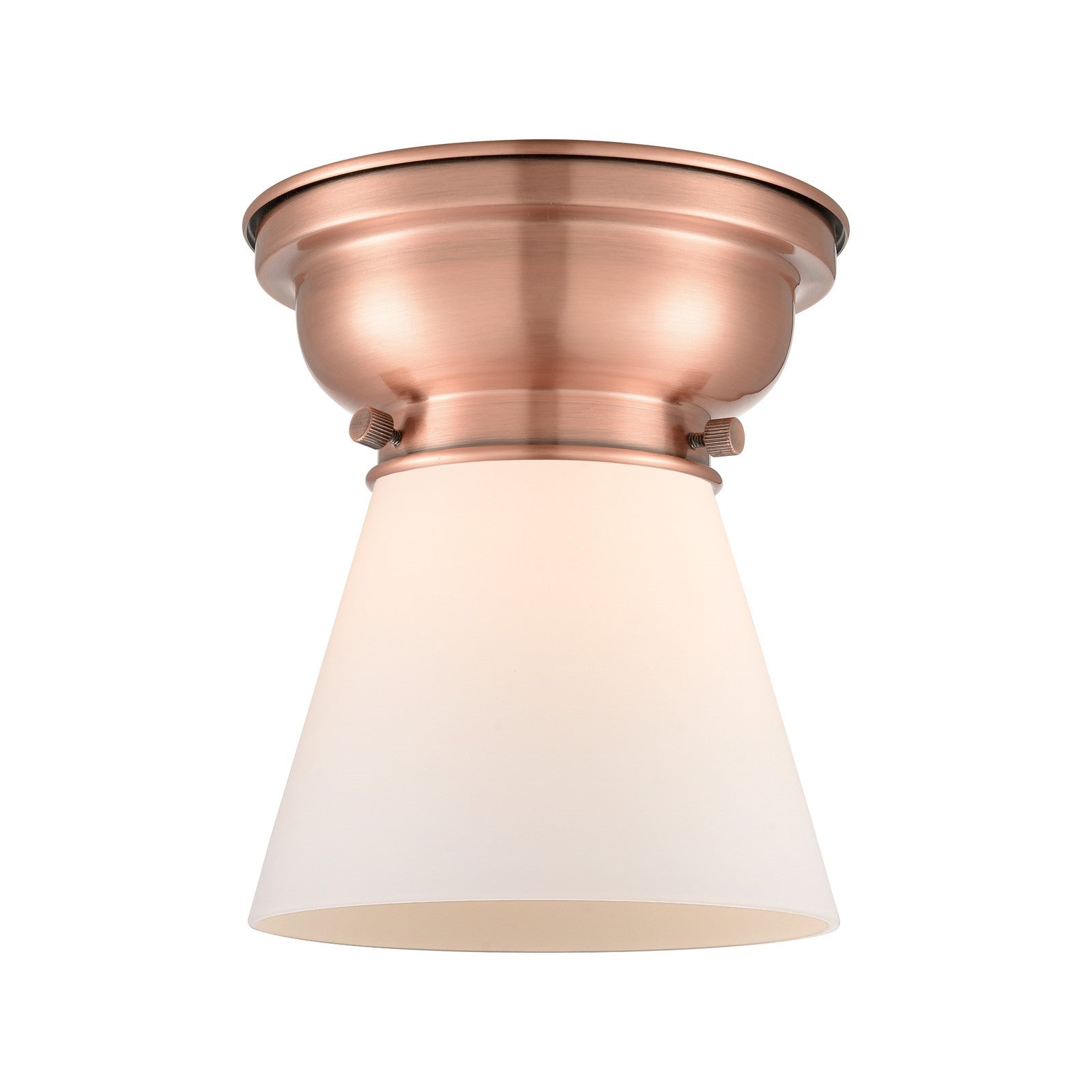 Innovations Cone 6.25in 1-Light Flush Mount | Industrial Antique Copper Steel and Matte White Frosted Glass | Damp Location | Model 623-1F-AC-G61-LED