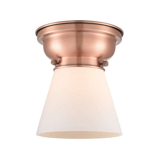 Innovations Cone 6.25in 1-Light Flush Mount | Industrial Antique Copper Steel and Matte White Frosted Glass | Damp Location | Model 623-1F-AC-G61-LED