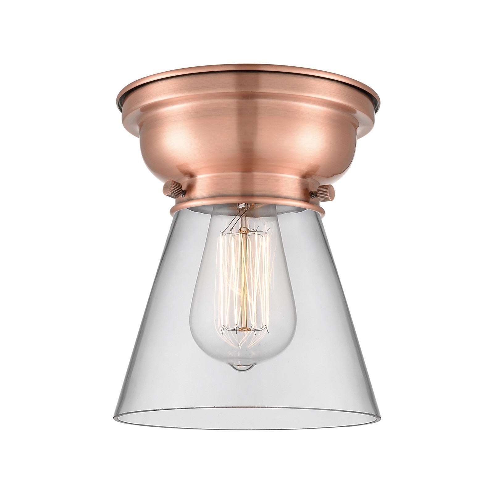 Innovations Cone 6.25in 1-Light Flush Mount | Industrial Antique Copper and Clear Glass | Hallway & Entryway | 6.25 x 6.25 x 8.25 in | Model 623-1F-AC-G62
