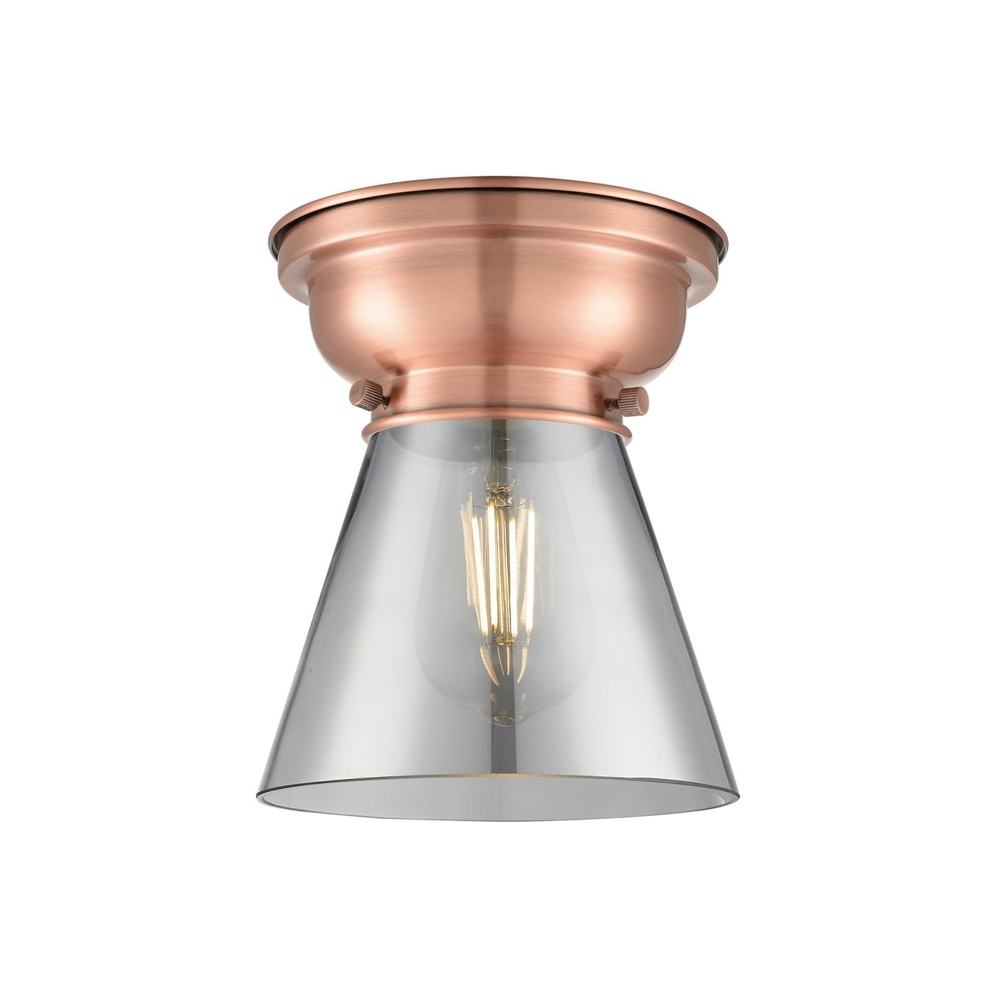 Innovations Cone 6.25in 1-Light Flush Mount | Industrial Antique Copper and Light Smoke Glass | Damp-Rated Hallway & Bathroom | 6.25 | Model 623-1F-AC-G63