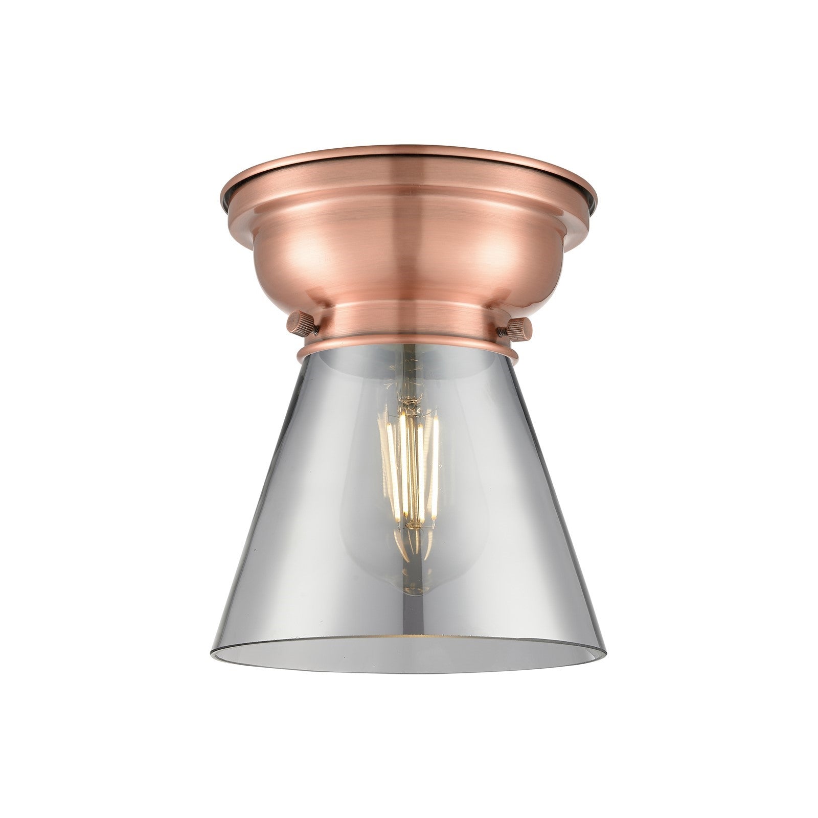 Innovations Cone 6.25in 1-Light Flush Mount | Industrial Antique Copper and Light Smoke Glass | Damp-Rated Hallway & Bathroom | 6.25 | Model 623-1F-AC-G63