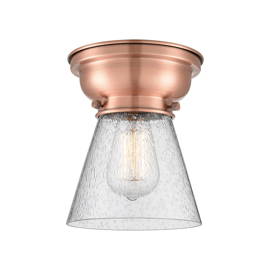 Innovations Cone 6.25in 1-Light Flush Mount | Industrial Antique Copper Steel and Seedy Glass | Hallway & Bathroom | 6.25 x 6.25 | Model 623-1F-AC-G64-LED