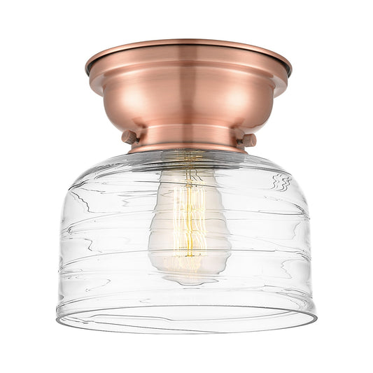 Innovations Bell 8in 1-Light Flush Mount | Industrial Antique Copper and Clear Deco Swirl Glass | Hallway & Bathroom | 7.75 x 8 in | Model 623-1F-AC-G713