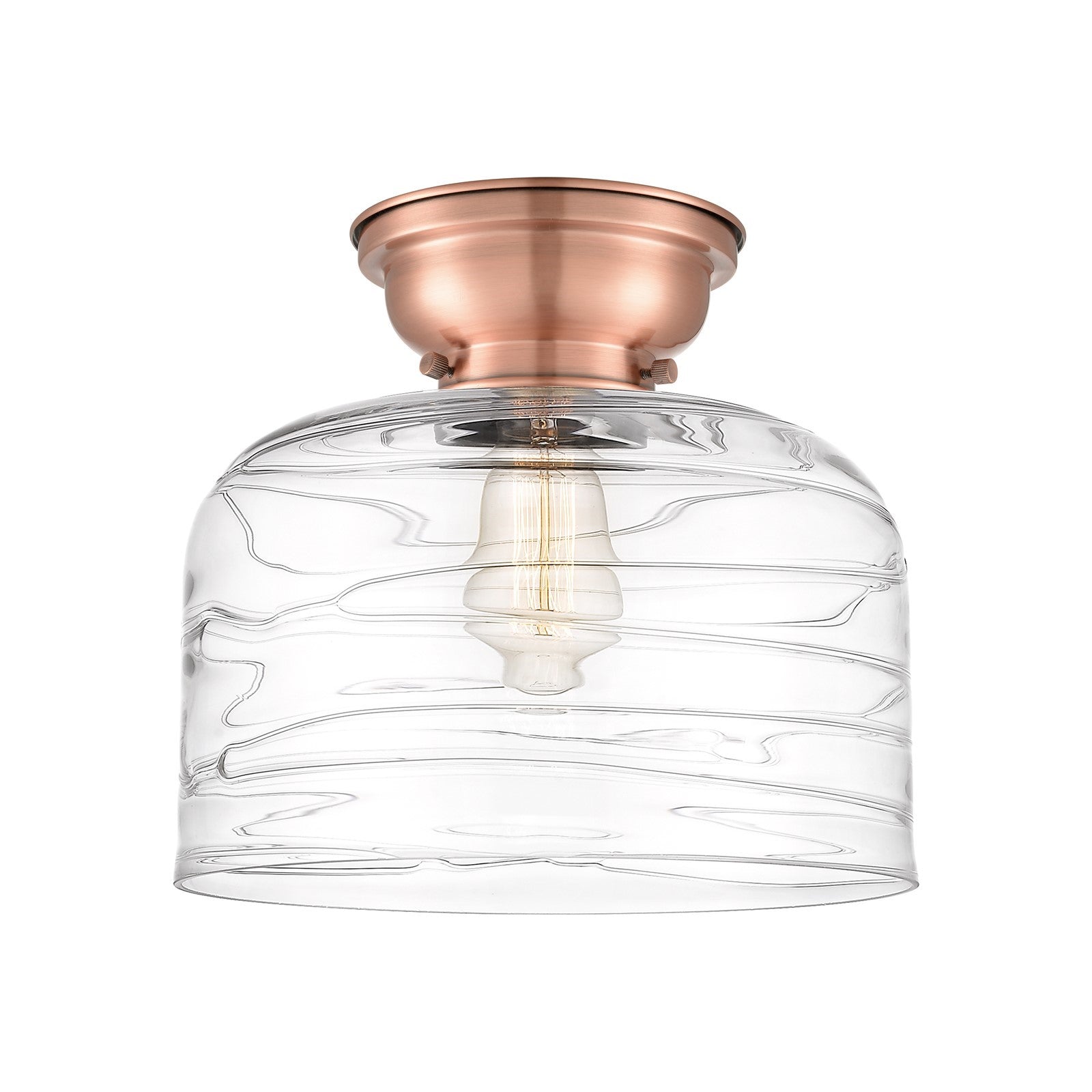 Innovations Bell 11.5in 1-Light Flush Mount | Industrial Farmhouse Antique Copper Steel and Clear Deco Swirl Glass | Entryway | Model 623-1F-AC-G713-L-LED