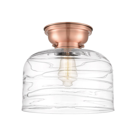 Innovations Bell 11.5in 1-Light Flush Mount | Industrial Farmhouse Antique Copper Steel and Clear Deco Swirl Glass | Entryway | Model 623-1F-AC-G713-L-LED