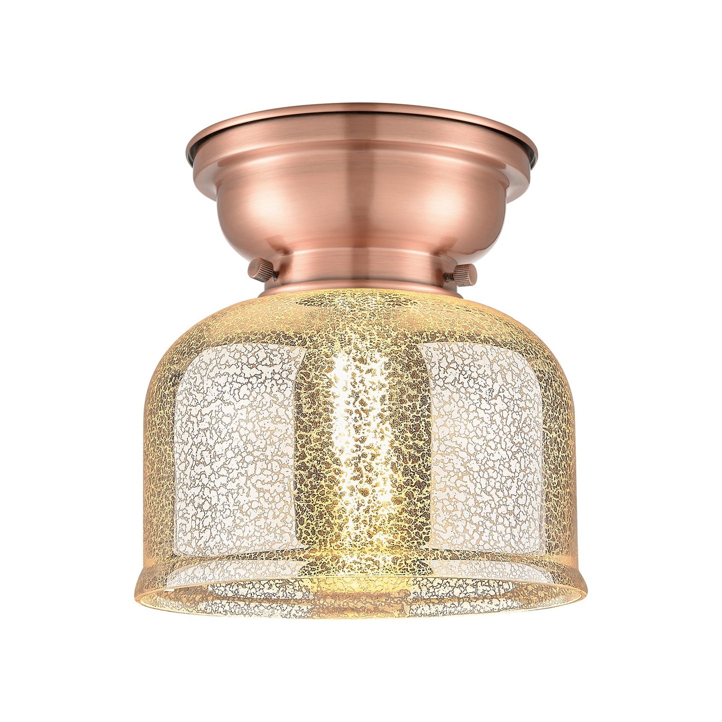 Innovations Bell 8in 1-Light Flush Mount | Traditional Antique Copper Steel and Silver Plated Mercury Glass | Damp Location | Model 623-1F-AC-G78-LED
