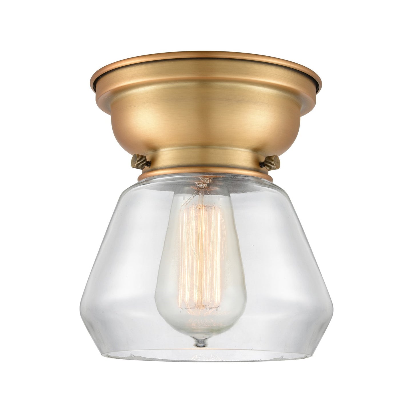 Innovations Fulton 7in 1-Light Flush Mount | Industrial Brushed Brass Steel and Clear Glass | Hallway & Bathroom | 7 x 7 x 7.75 | Model 623-1F-BB-G172-LED