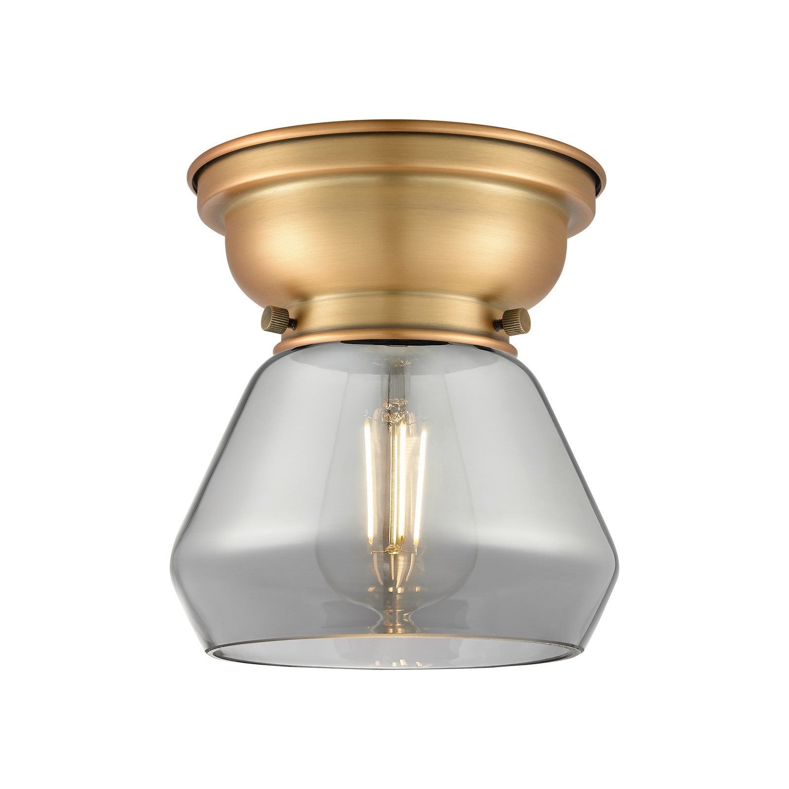 Innovations Fulton 7in 1-Light Flush Mount | Industrial Farmhouse Brushed Brass and Light Smoke Glass | Bedroom & Hallway | 7 x | Model 623-1F-BB-G173-LED