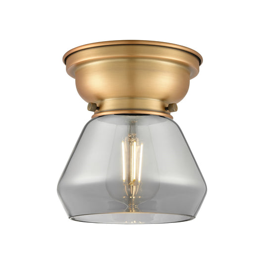 Innovations Fulton 7in 1-Light Flush Mount | Industrial Farmhouse Brushed Brass and Light Smoke Glass | Bedroom & Hallway | 7 x | Model 623-1F-BB-G173-LED