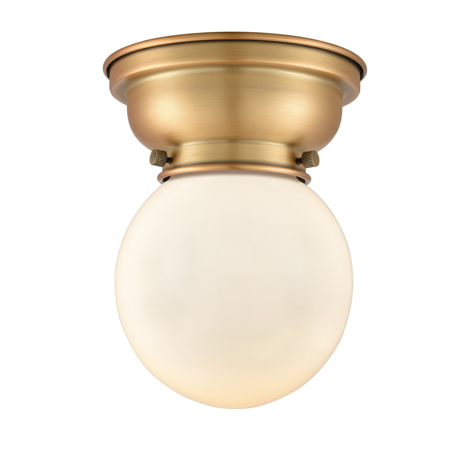 Innovations Beacon 6in 1-Light Flush Mount | Industrial Brushed Brass and Matte White Frosted Glass | Hallway & Bathroom Ceiling | Model 623-1F-BB-G201-6