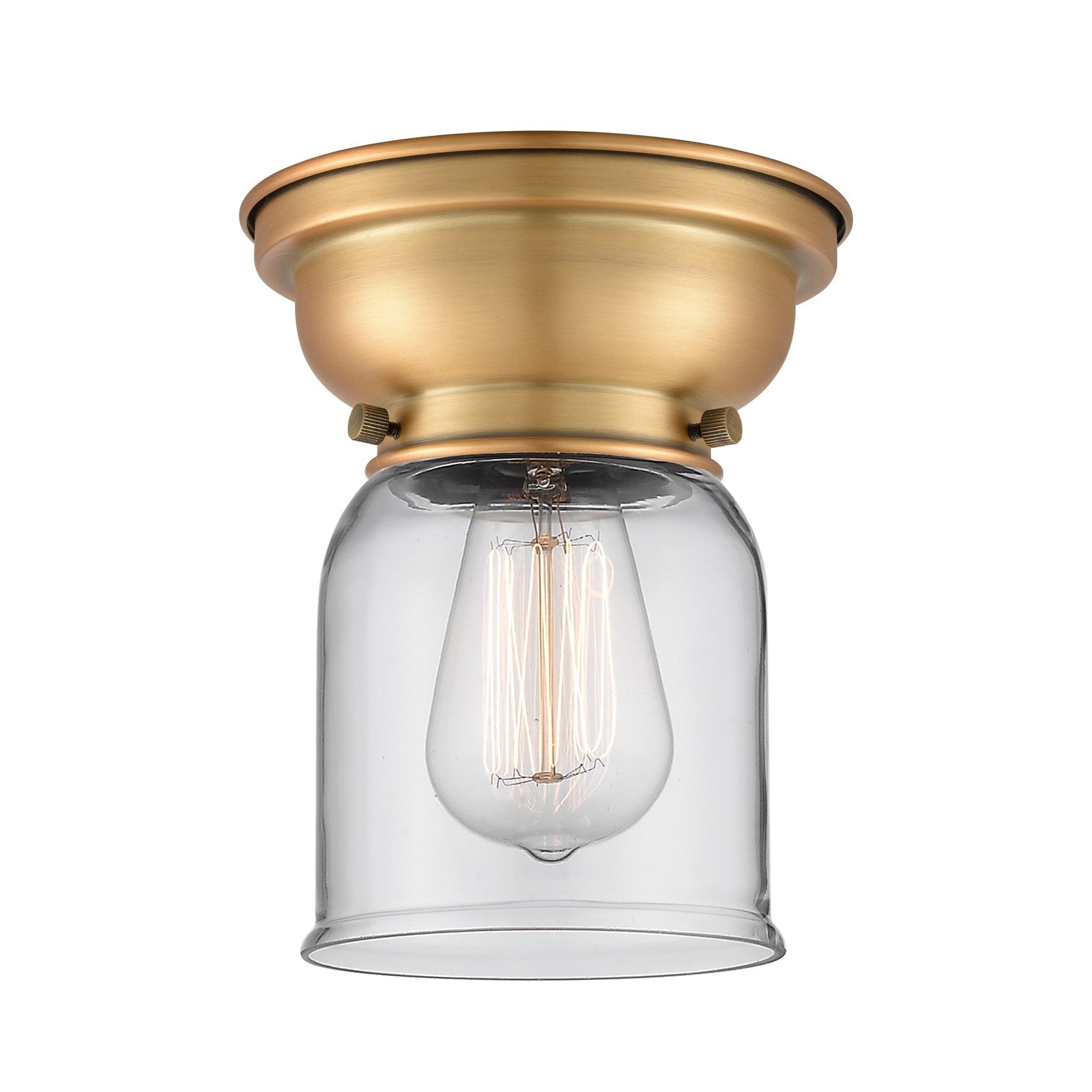 Innovations Bell 5in 1-Light Flush Mount | Industrial Farmhouse Brushed Brass and Clear Glass | Hallway & Bedroom | 5 x 5 x 8 in | Model 623-1F-BB-G52