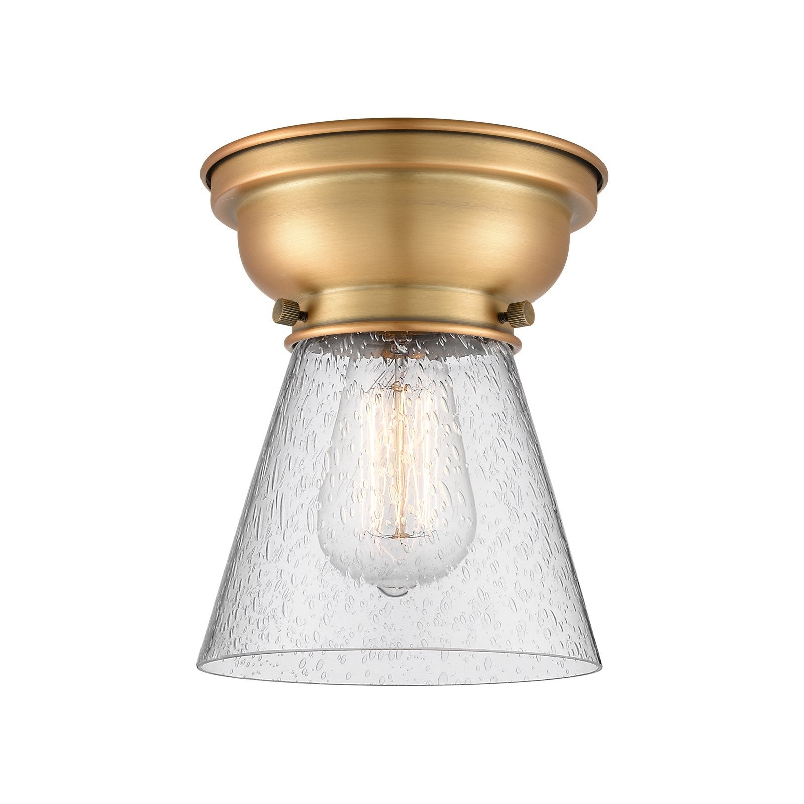 Innovations Cone 6.25in 1-Light Flush Mount | Industrial Brushed Brass Steel and Seedy Glass | Bedroom & Hallway | 6.25 x 6.25 x | Model 623-1F-BB-G64-LED