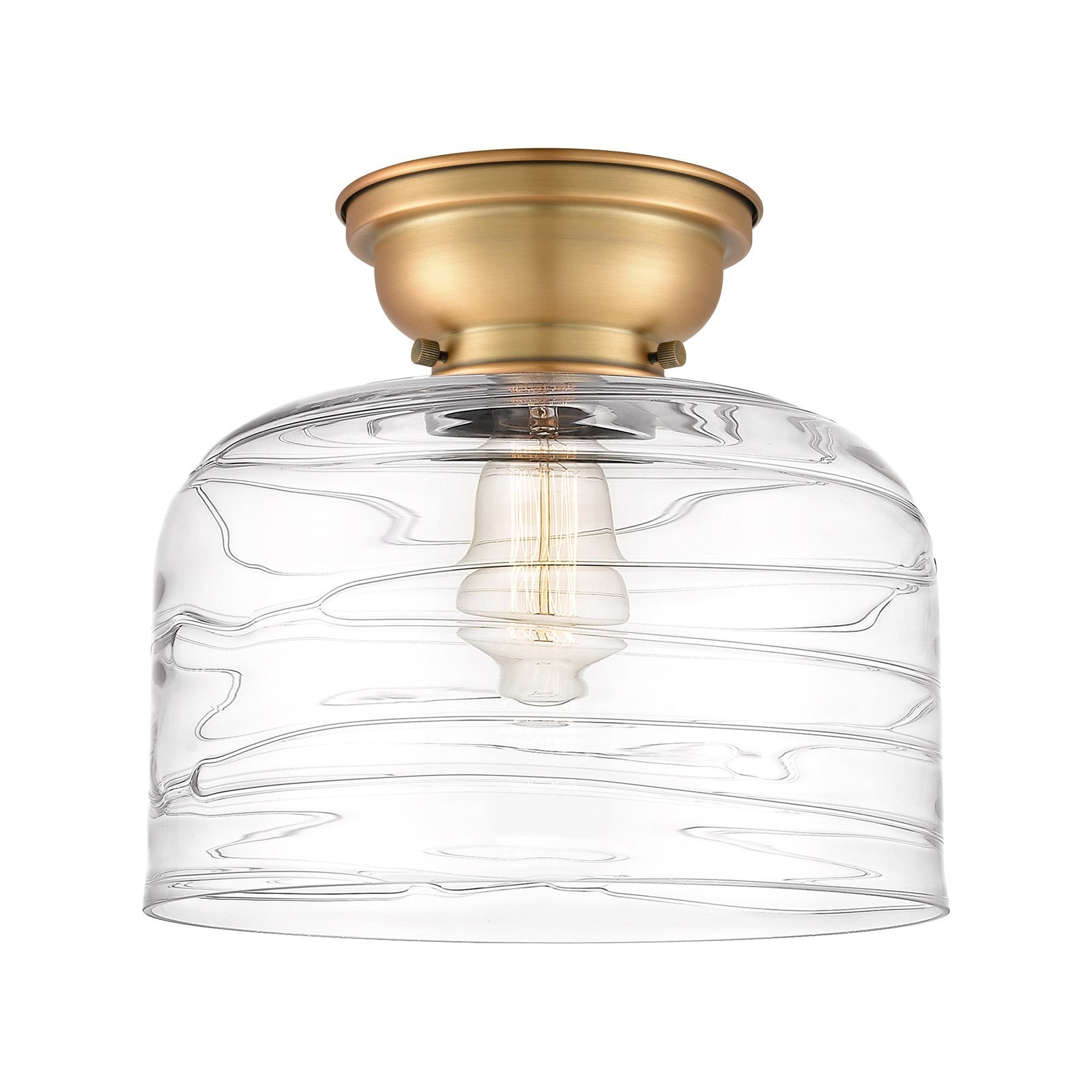 Innovations Bell 11.5in 1-Light Flush Mount | Industrial Farmhouse Brushed Brass and Clear Deco Swirl Glass | Entryway & Hallway | Model 623-1F-BB-G713-L