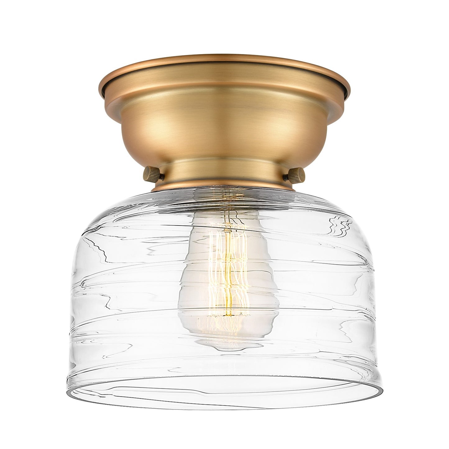 Innovations Bell 8in 1-Light Flush Mount | Industrial Brushed Brass Steel and Clear Deco Swirl Glass | Bedroom & Hallway | 7.75 | Model 623-1F-BB-G713-LED