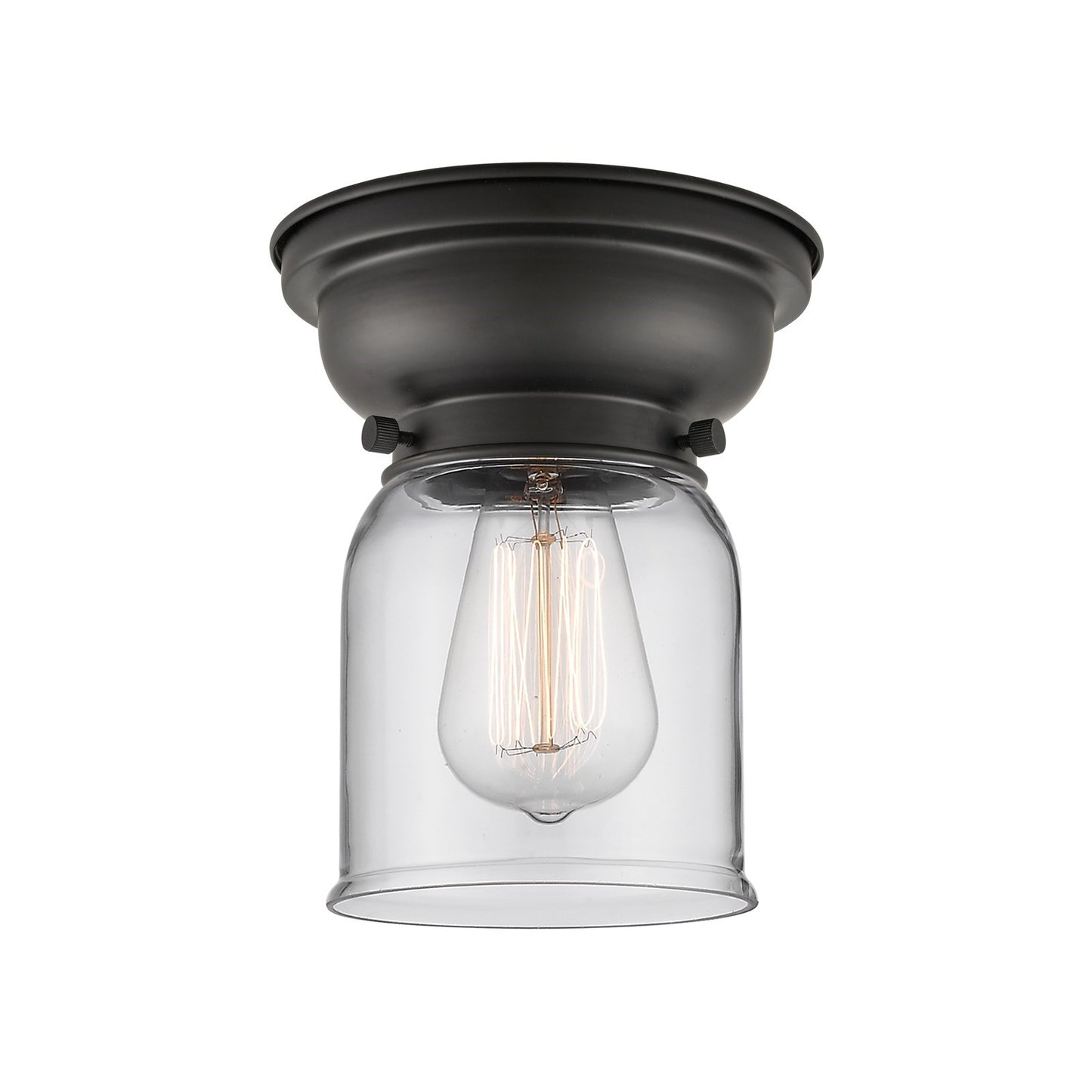 Innovations Bell 5in 1-Light Flush Mount | Industrial Matte Black Steel and Clear Glass | Bedroom & Hallway | 5 x 8 in | Model 623-1F-BK-G52-LED