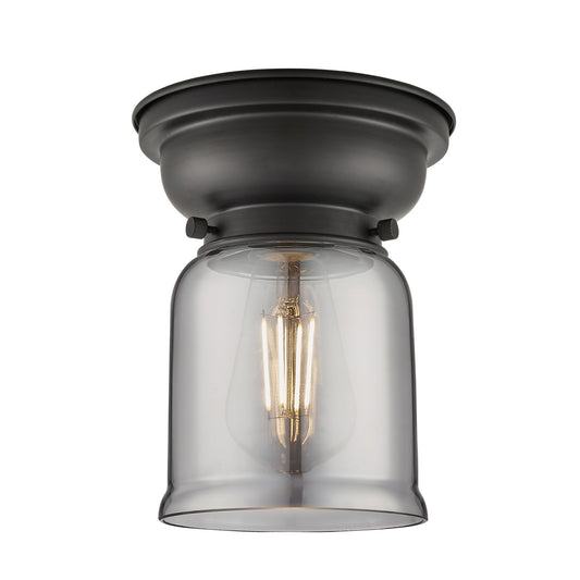 Innovations Bell 5in 1-Light Flush Mount | Industrial Matte Black Steel and Light Smoke Glass | Bedroom & Hallway | 5 x 5 x 8 | Model 623-1F-BK-G53-LED