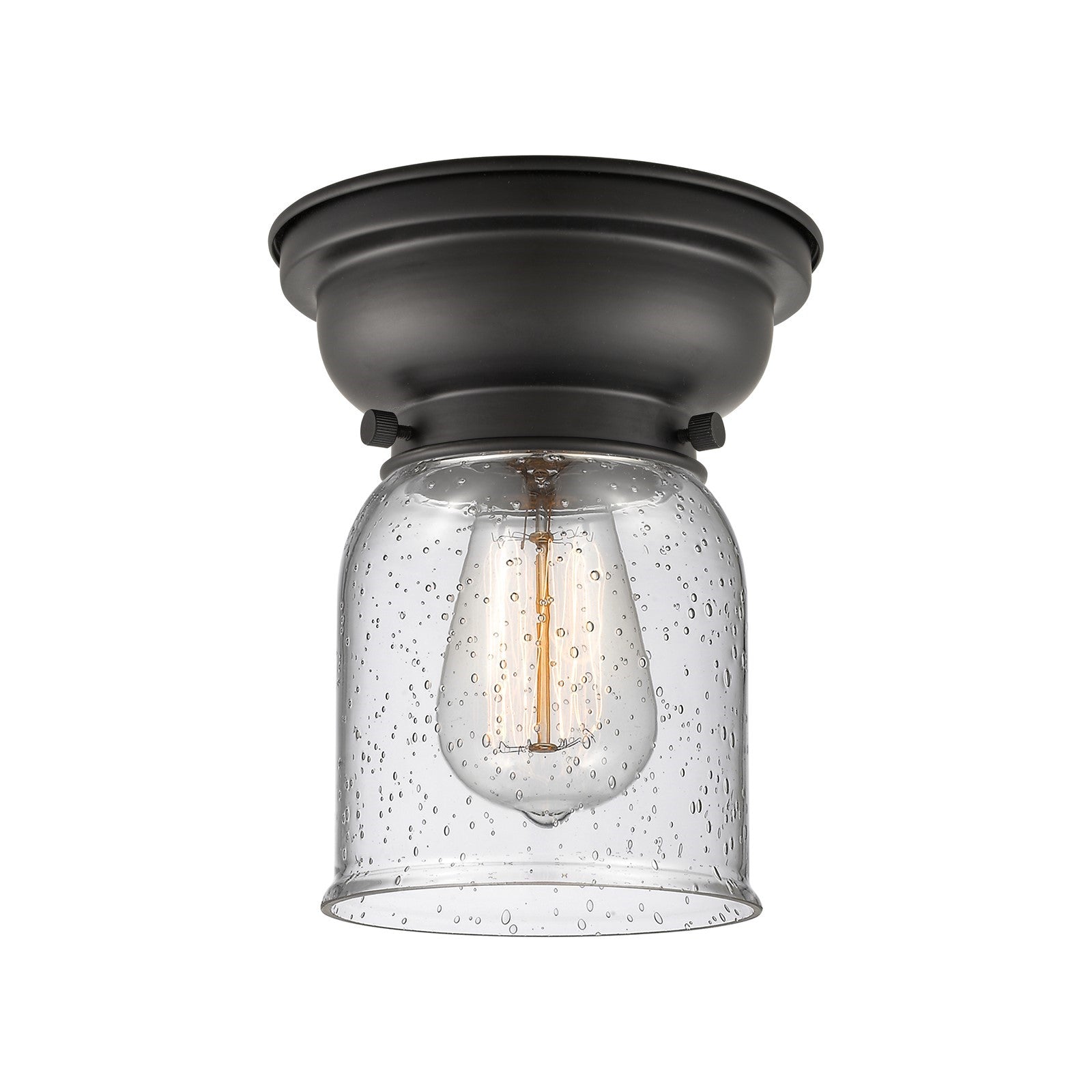 Innovations Bell 5in 1-Light Flush Mount | Industrial Farmhouse Matte Black Steel and Seedy Glass | Hallway & Bedroom | 5 x 8 in | Model 623-1F-BK-G54
