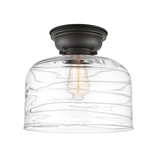 Innovations Bell 12in 1-Light Flush Mount | Industrial Matte Black Steel and Clear Deco Swirl Glass | Entryway & Hallway | Model 623-1F-BK-G713-L-LED