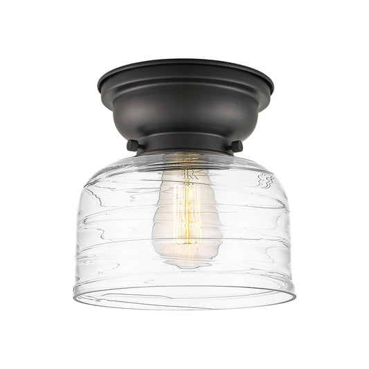 Innovations Bell 8in 1-Light Flush Mount | Industrial Matte Black Steel and Clear Deco Swirl Glass | Hallway & Bathroom | 7.75 | Model 623-1F-BK-G713-LED