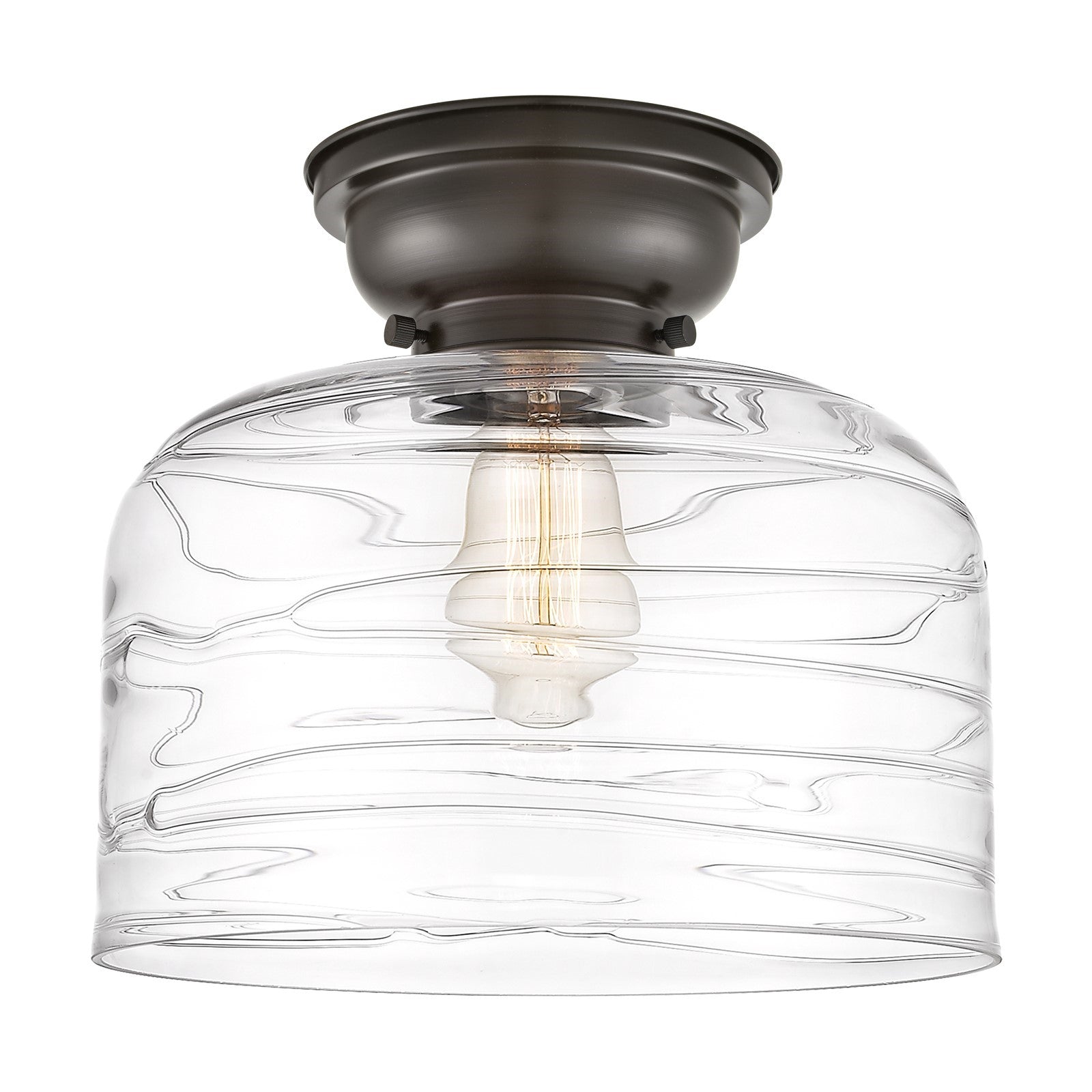 Innovations Bell 11.5in 1-Light Flush Mount | Industrial Oil Rubbed Bronze Steel and Clear Deco Swirl Glass | Hallway & Entryway | Model 623-1F-OB-G713-L