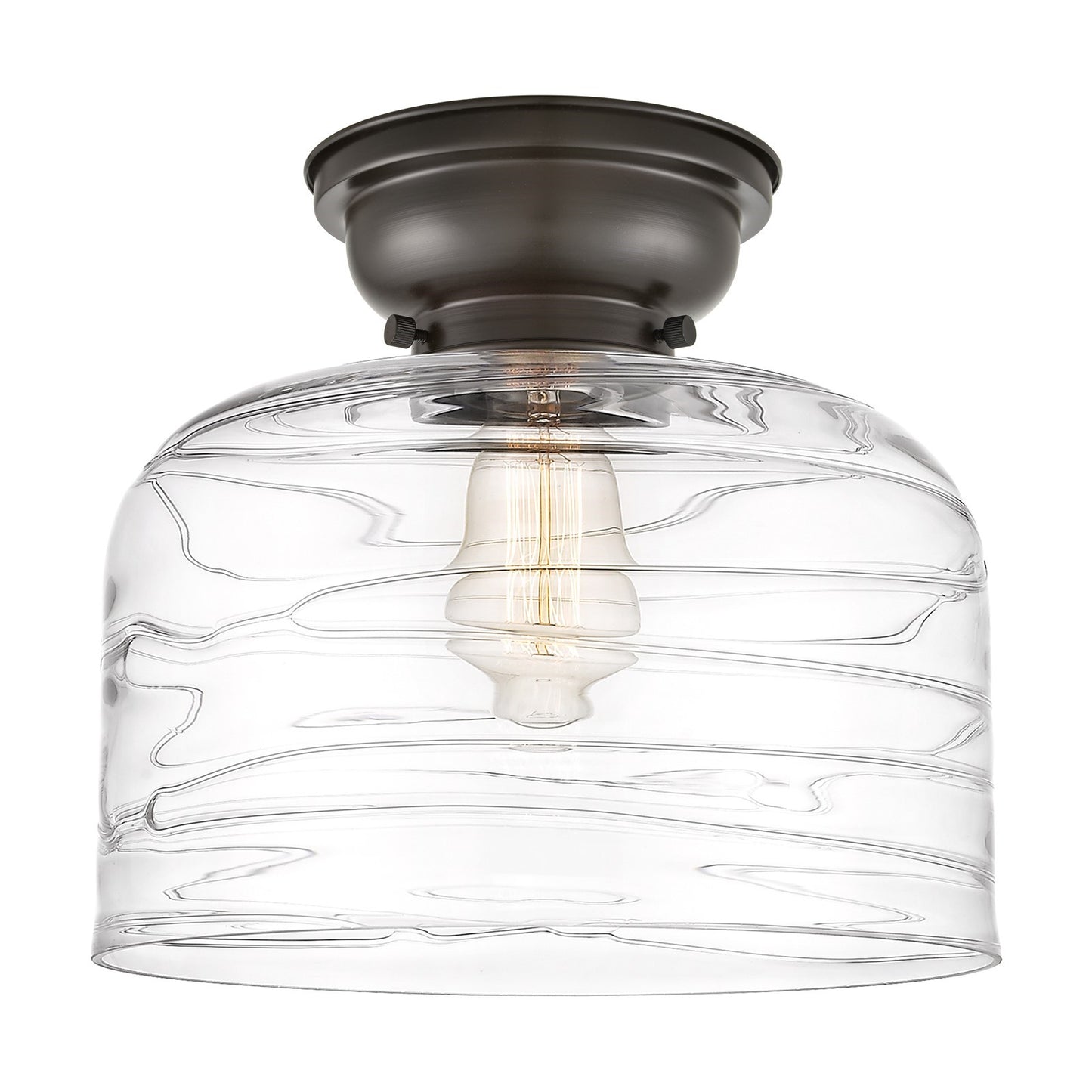 Innovations Bell 12in 1-Light Flush Mount | Industrial Oil Rubbed Bronze and Clear Deco Swirl Glass | Hallway & Bathroom | Model 623-1F-OB-G713-L-LED