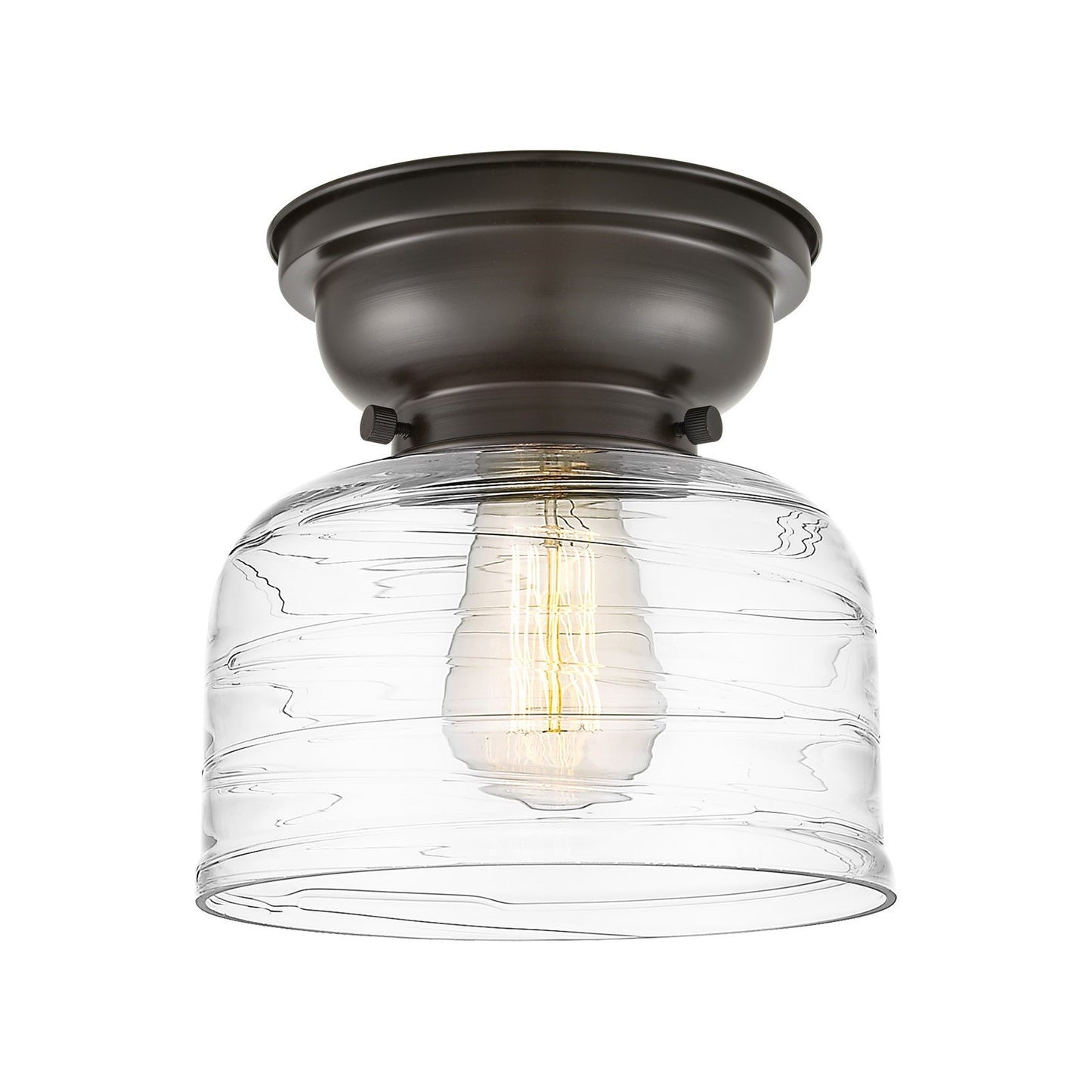 Innovations Bell 8in 1-Light Flush Mount | Industrial Oil Rubbed Bronze Steel and Clear Deco Swirl Glass | Hallway & Entryway | Model 623-1F-OB-G713-LED