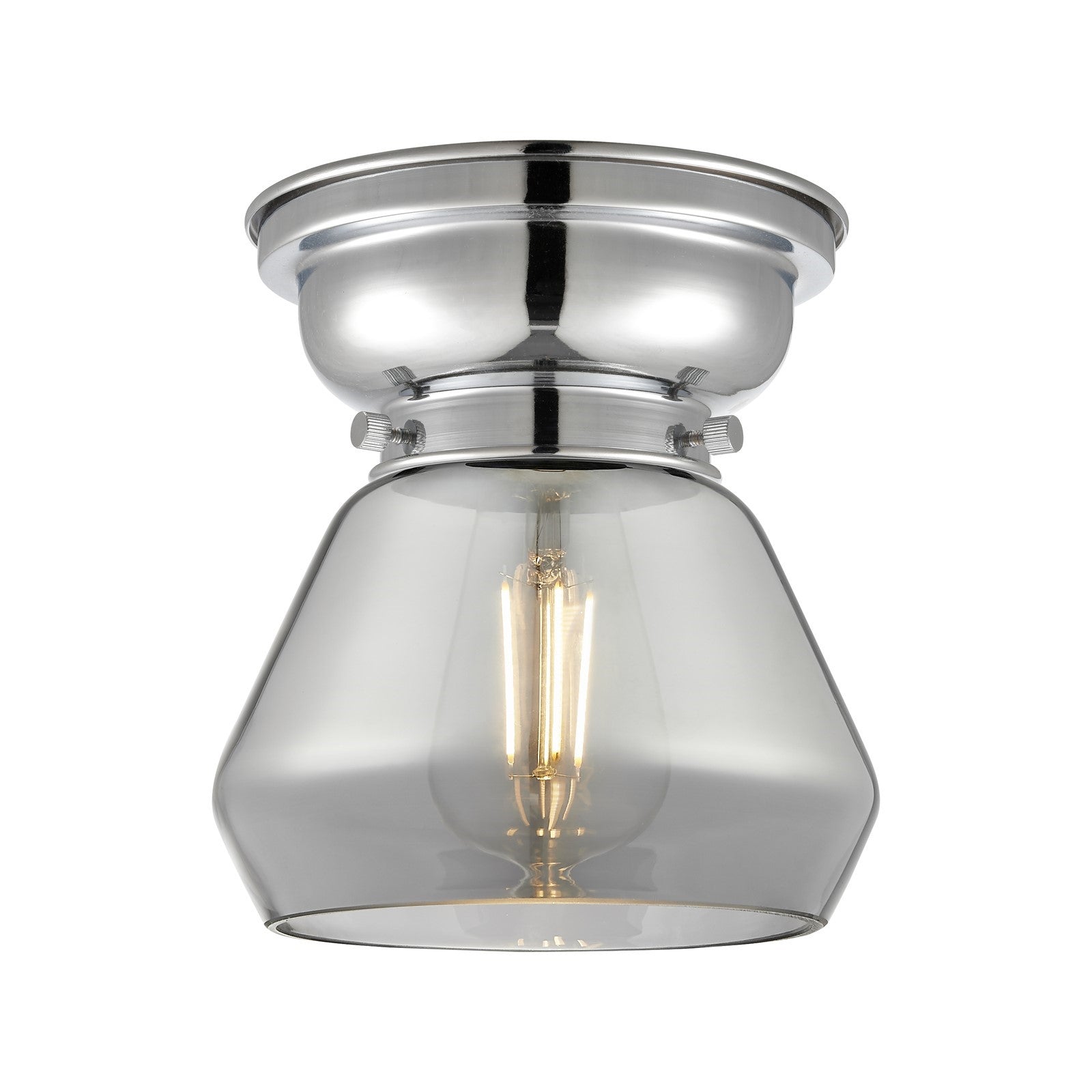 Innovations Fulton 7in 1-Light Flush Mount | Industrial Farmhouse Polished Chrome and Light Smoke Glass | Damp-Rated Bathroom & | Model 623-1F-PC-G173-LED