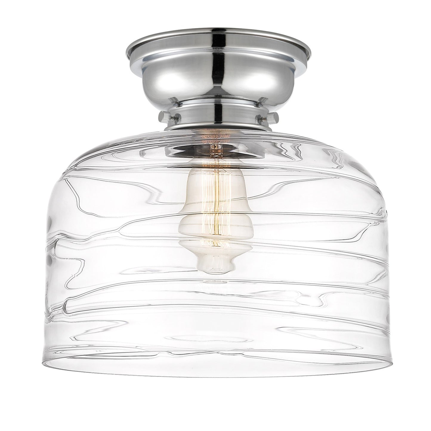 Innovations Bell 12in 1-Light Flush Mount | Industrial Farmhouse Polished Chrome and Clear Deco Swirl Glass | Damp-Rated | Model 623-1F-PC-G713-L-LED
