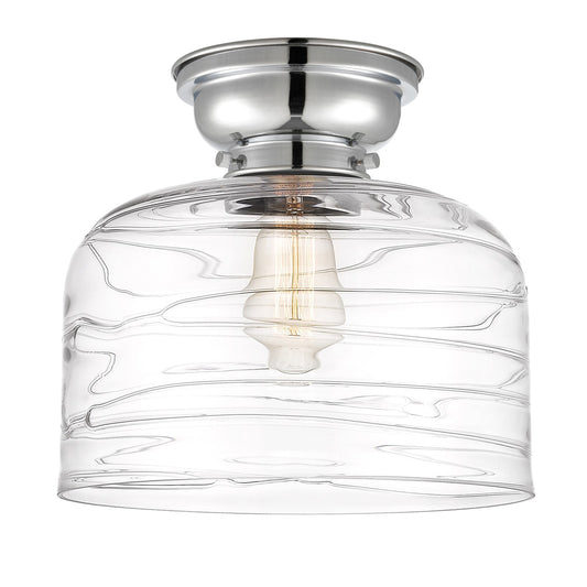 Innovations Bell 12in 1-Light Flush Mount | Industrial Farmhouse Polished Chrome and Clear Deco Swirl Glass | Damp-Rated | Model 623-1F-PC-G713-L-LED