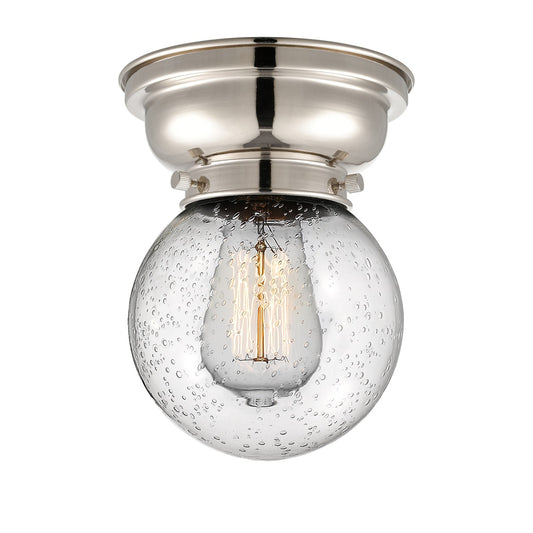 Innovations Beacon 6in 1-Light Flush Mount | Industrial Polished Nickel and Seedy Glass | Bedroom & Hallway | 6 x 6 x 8.38 in | Model 623-1F-PN-G204-6-LED